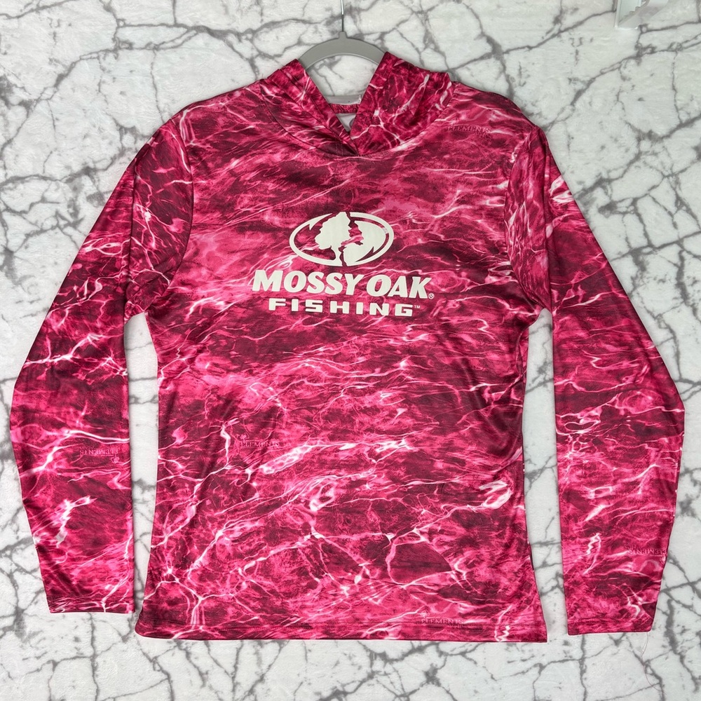 MOSSY OAK Pink Camouflage Fishing Shirt Women's L Hooded White Elements Collab